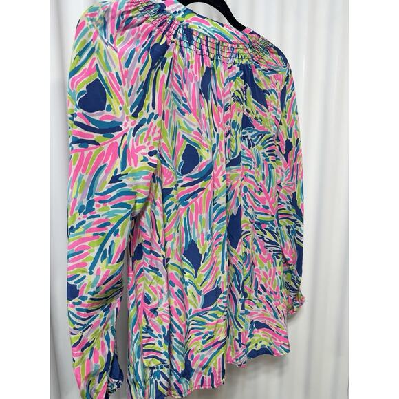 Lilly Pulitzer 100% Silk Elsa Top Indigo Palm Reader Boho Resort Palm Beach SM - Picture 5 of 7